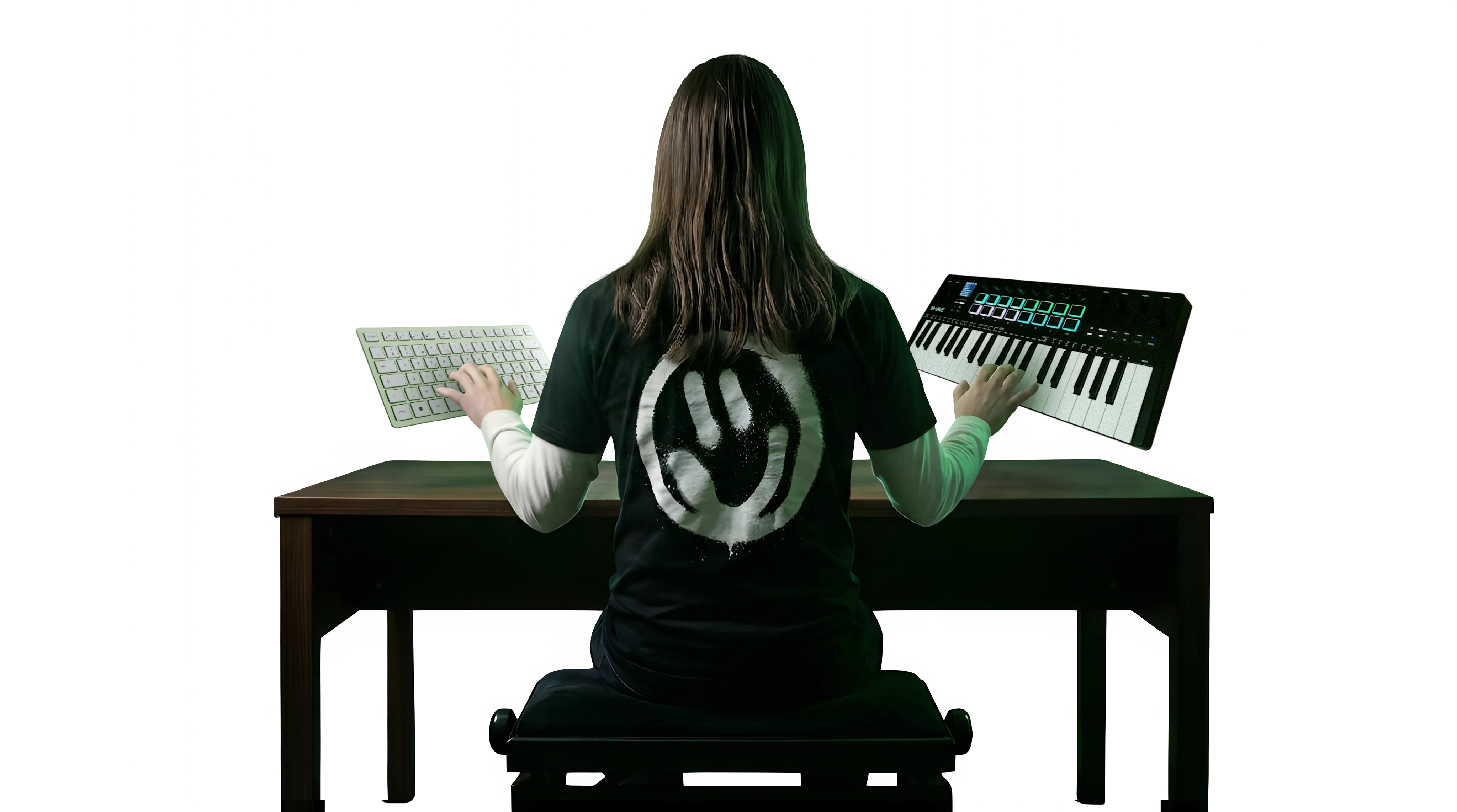 Photo de Christopher, de dos, assis à un bureau, un clavier d'ordinateur sous la main gauche, un clavier maître sous la main droite